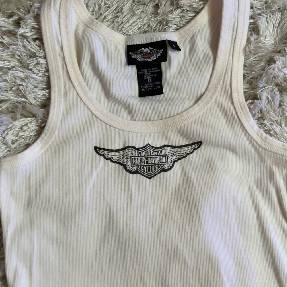 Harley-Davidson Womens Ribbed Embroidered Tank Top Cream Y2K Biker Core L